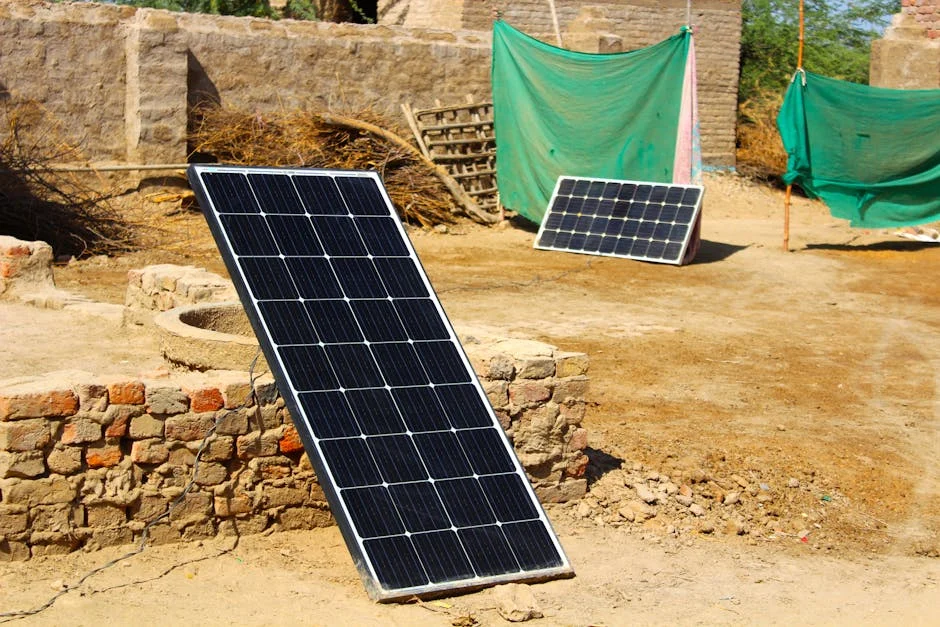 Outdoor solar panels in a rural setting, showcasing renewable energy solutions.