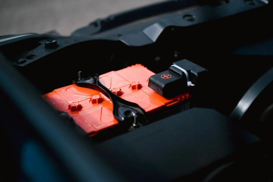 Detailed view of an orange car battery inside a vehicle's engine bay, highlighting its features.