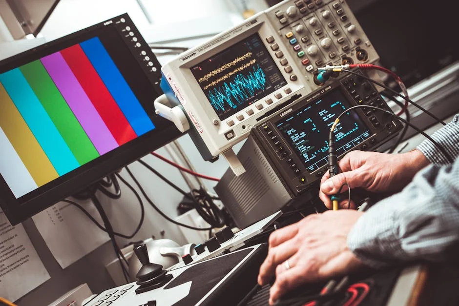 Technician operating laboratory electronic testing and measurement devices with colorful display.