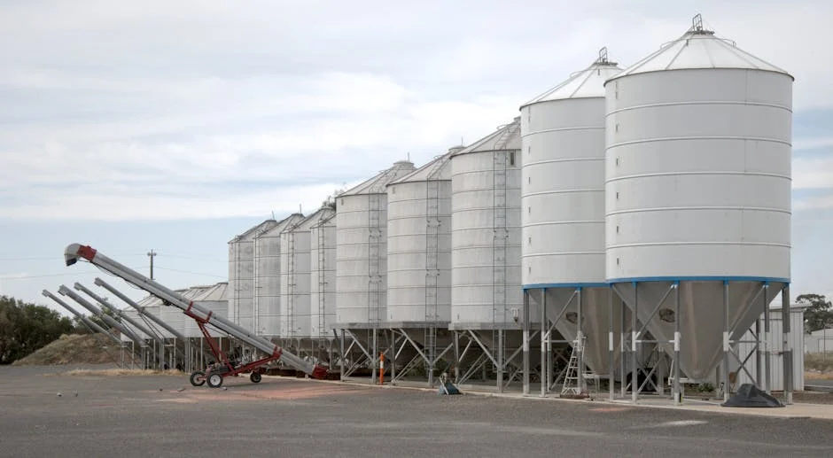Industrial grain silos in Tungamah, Victoria, showcasing agricultural infrastructure.
