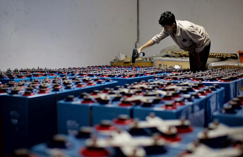 A worker checking many industrial batteries inside a facility. Indoor, industrial setting.