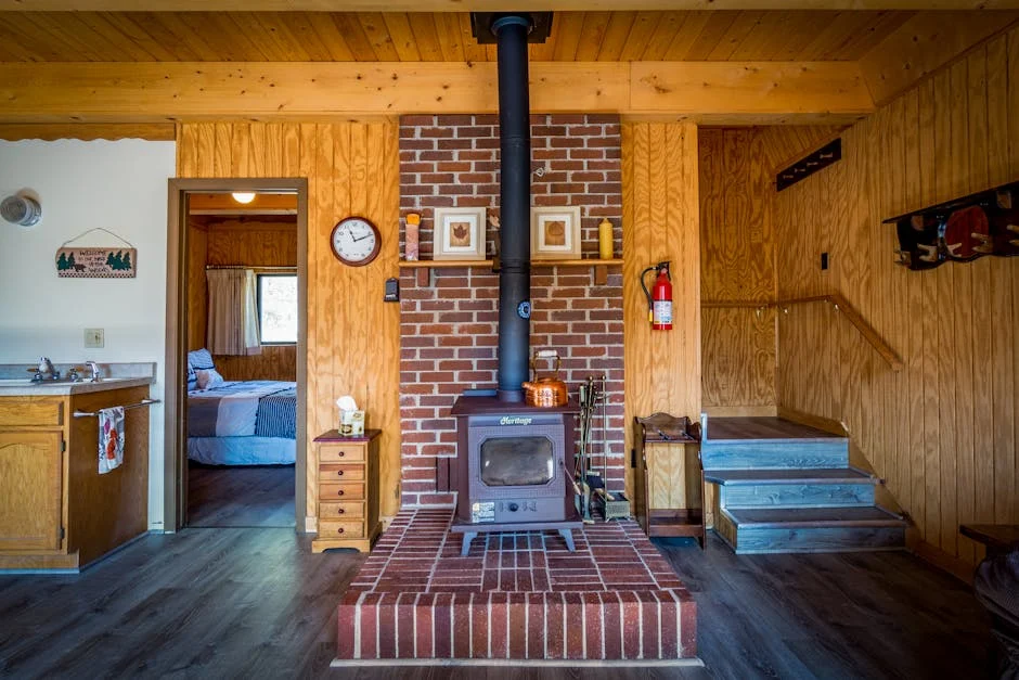Warm wooden cabin interior featuring a vintage stove and inviting decor.