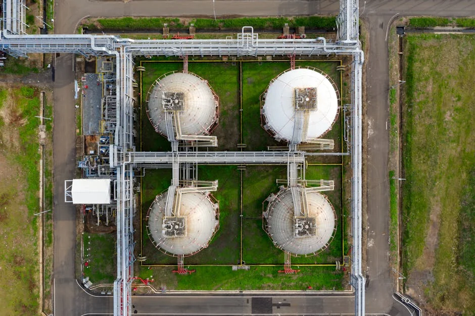 Aerial view of large industrial storage tanks in Banten, Indonesia, showcasing infrastructure and industry.