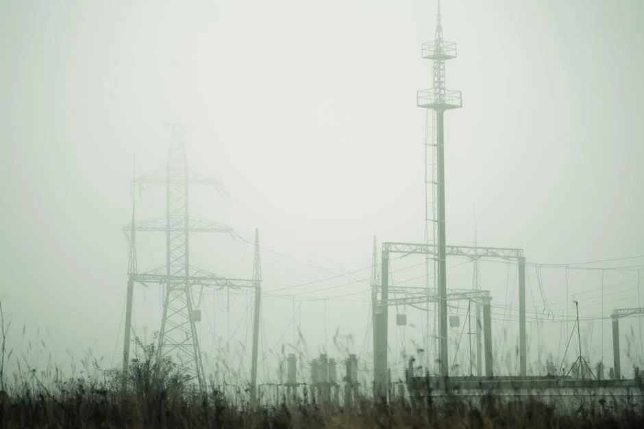 Electric towers shrouded in morning fog create a serene, atmospheric scene.