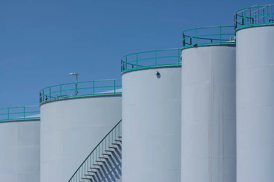 Large industrial storage tanks with green railings against a clear blue sky.