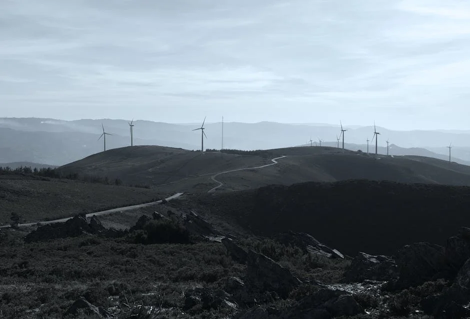Scenic view of wind turbines on hills, highlighting renewable energy potential.
