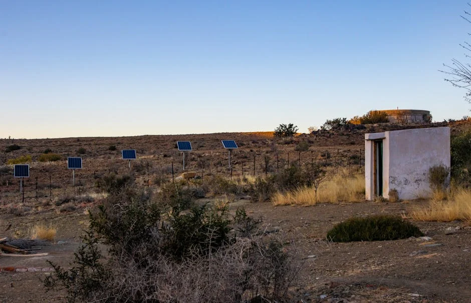Solar panels in a desert landscape with a shed under a clear sunset sky.