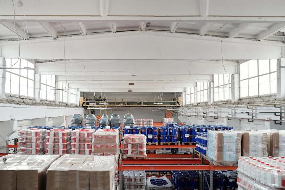 Spacious warehouse interior featuring organized shelves with various stacked pallets.
