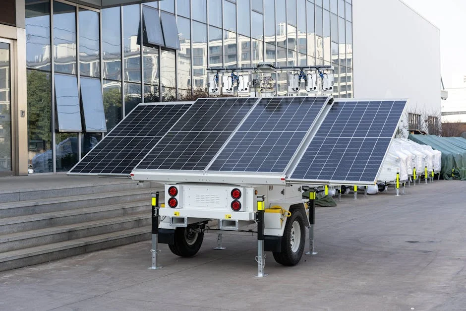 A mobile solar panel trailer parked outdoors by a modern building, showcasing renewable energy technology.