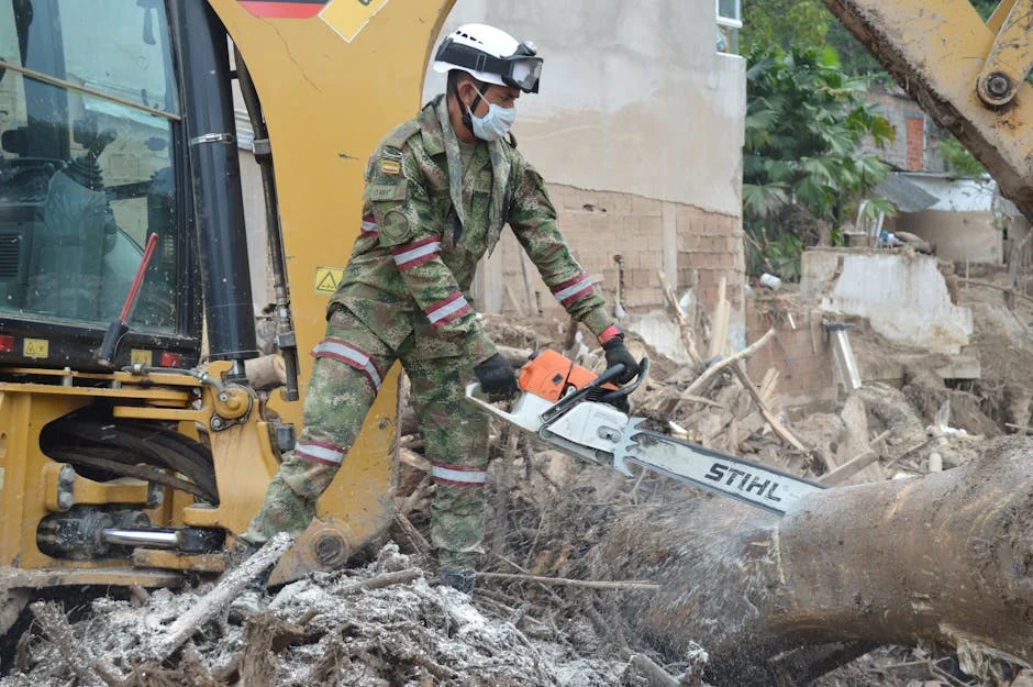 A rescue worker in uniform uses a chainsaw amid debris in Mocoa, Colombia. Post-disaster cleanup.