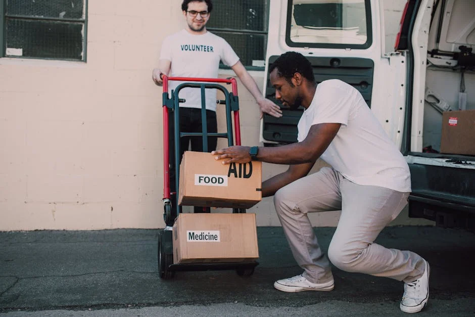 Volunteers organizing and loading boxes of aid, food, and medicine for donation.