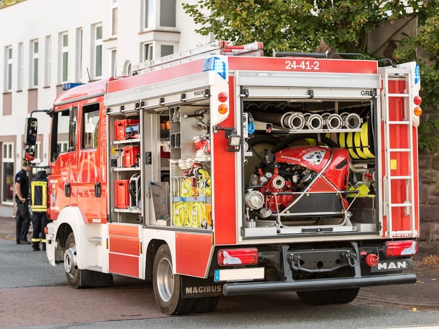 A vibrant red fire truck parked on a city street with equipment visible, showcasing urban emergency readiness.