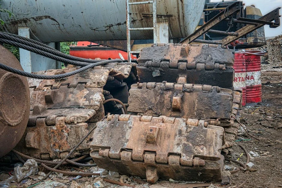 Grungy rusty iron details and trash with barrels and wire ropes in dirty forgotten junkyard