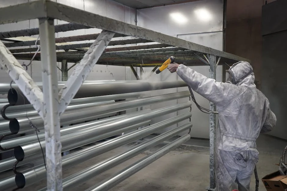 Worker in protective gear applying powder coating to metal pipes in a factory setting.