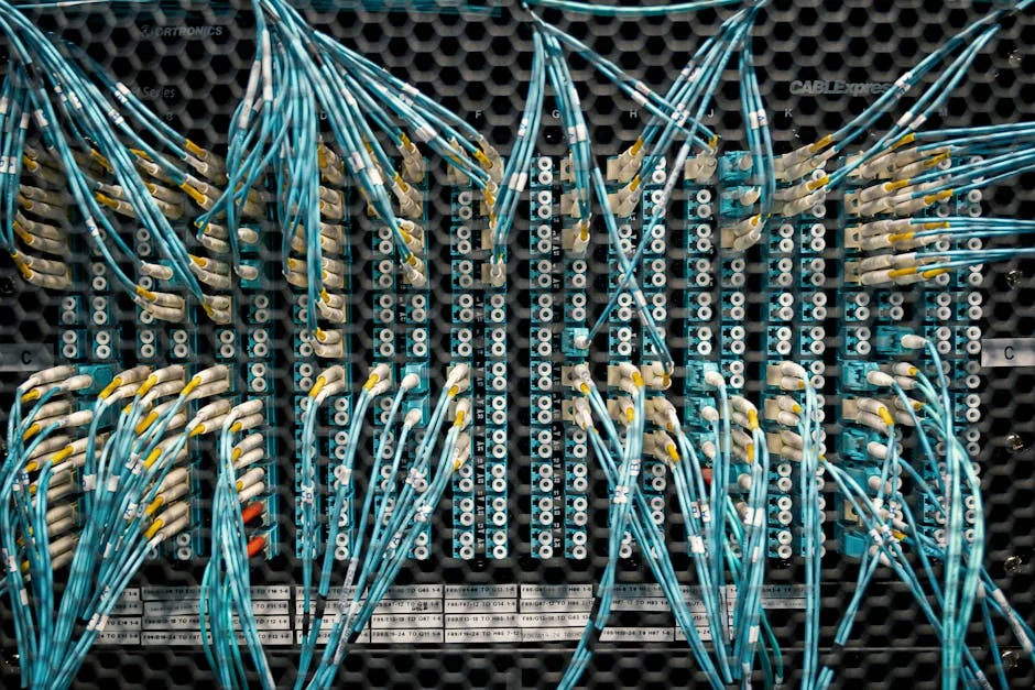 Overhead view of similar bright cables with plastic connectors in fiber optical switch